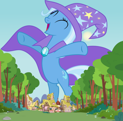 Size: 1280x1262 | Tagged: safe, artist:jeatz-axl, derpibooru import, trixie, pony, unicorn, attack on pony, cape, clothes, female, giant pony, giant trixie, giant unicorn, hat, macro, mare, mega giant, mega trixie, ponyville, trixie's cape, trixie's hat