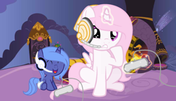 Size: 1024x590 | Tagged: safe, artist:pasteldoveponyartist, princess celestia, princess luna, alicorn, pony, cewestia, controller, cute, diaper, eyes closed, filly, gamer luna, headset, magic, open mouth, smiling, woona, younger