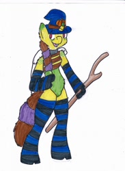 Size: 938x1280 | Tagged: safe, artist:fluffydusty, oc, oc only, oc:pumpkin witch emily, semi-anthro, unicorn, candy, candy corn, cape, clothes, collar, food, hat, socks, solo, staff, stockings, striped socks, thigh highs, traditional art, witch, witch hat