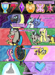 Size: 1000x1361 | Tagged: safe, artist:emilou1985, discord, fluttershy, king sombra, nightmare moon, princess cadance, princess celestia, princess luna, queen chrysalis, shining armor, alicorn, changeling, changeling queen, pegasus, pony, unicorn, comic:signs, a canterlot wedding, friendship is magic, the crystal empire, the return of harmony, comic, crystal heart, disguise, disguised changeling, elements of harmony, fake cadance, jewelry, regalia