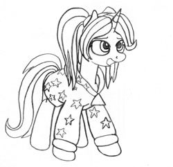 Size: 605x583 | Tagged: safe, artist:dsb71013, derpibooru import, trixie, pony, unicorn, alternate hairstyle, babysitter trixie, clothes, hoodie, monochrome, solo, traditional art