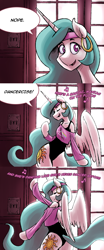 Size: 1000x2400 | Tagged: safe, artist:romanrazor, princess celestia, alicorn, pony, semi-anthro, 80s, bipedal, blue-mane celestia, clothes, cute, cutelestia, dancing, earring, exercise, eyes closed, flashdance, good morning celestia, headband, leotard, looking at you, pink floyd, shirt, smiling, solo, the dark side of the moon, the monkey, tumblr