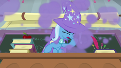 Size: 1920x1080 | Tagged: safe, derpibooru import, screencap, trixie, pony, unicorn, a horse shoe-in, cape, clothes, coughing, eyes closed, female, hat, mare, smoke, solo, trixie's cape, trixie's hat