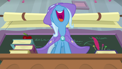 Size: 1920x1080 | Tagged: safe, derpibooru import, screencap, trixie, pony, unicorn, a horse shoe-in, cape, clothes, female, hat, mare, open mouth, solo, trixie's cape, trixie's hat