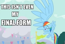 Size: 960x654 | Tagged: safe, rainbow dash, pegasus, pony, magic duel, giant wing, meme, text, this isn't even my final form, wings