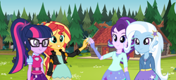 Size: 800x366 | Tagged: safe, artist:crimsumic, artist:osipush, artist:themexicanpunisher, derpibooru import, edit, edited screencap, screencap, sci-twi, starlight glimmer, sunset shimmer, trixie, twilight sparkle, equestria girls, legend of everfree, camp everfree, clothes, cute, equestria girls-ified, fingerless gloves, glasses, glimmerbetes, gloves, leather jacket, ponytail, shimmerbetes, skirt, smiling, twiabetes