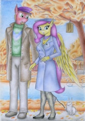 Size: 1969x2795 | Tagged: safe, artist:sinaherib, angel bunny, big macintosh, fluttershy, anthro, rabbit, swan, beret, clothes, female, fluttermac, hat, male, pants, poking, river, shipping, shoes, stockings, straight, thigh highs, traditional art, tree, twig