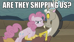 Size: 624x351 | Tagged: safe, discord, pinkie pie, earth pony, pony, discopie, female, image macro, male, shipping, straight