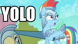 Size: 960x540 | Tagged: safe, fluttershy, rainbow dash, pegasus, pony, armor, crystal guard armor, joust, meme, text, yolo