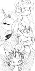 Size: 720x1435 | Tagged: safe, artist:loyaldis, princess cadance, princess celestia, princess luna, twilight sparkle, twilight sparkle (alicorn), alicorn, pony, alicorn tetrarchy, monochrome, sketch