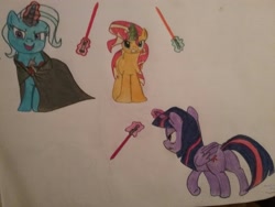 Size: 2592x1944 | Tagged: safe, artist:magicnova, derpibooru exclusive, derpibooru import, sunset shimmer, trixie, twilight sparkle, twilight sparkle (alicorn), alicorn, pony, alicorn amulet, cape, clothes, lightsaber, magic aura, signature, sith, star wars, this will end in tears and/or death, traditional art, twilight's counterparts, weapon