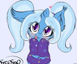 Size: 1659x1371 | Tagged: safe, artist:freefraq, derpibooru import, trixie, pony, unicorn, alternate hairstyle, babysitter trixie, blushing, clothes, cute, diatrixes, ear fluff, female, floating heart, freefraq is trying to murder us, gameloft interpretation, heart, hoodie, looking at you, mare, pigtails, smiling, solo, tongue out, twintails, weapons-grade cute