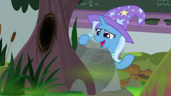 Size: 1920x1080 | Tagged: safe, derpibooru import, screencap, trixie, pony, unicorn, a horse shoe-in, cattails, clothes, female, hat, mare, solo, trixie's hat