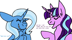 Size: 853x480 | Tagged: safe, artist:secondstationpass, derpibooru import, starlight glimmer, trixie, pony, unicorn, female, laughing, mare