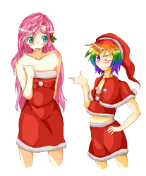 Size: 2400x2900 | Tagged: safe, artist:applestems, fluttershy, rainbow dash, human, belly, blushing, christmas, clothes, dress, duo, female, hearth's warming, human female, humanized, midriff, simple background, skirt, transparent background