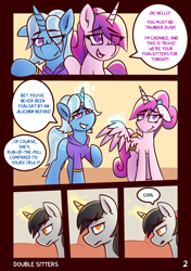 Size: 2160x3074 | Tagged: safe, artist:anon_1515, derpibooru import, part of a series, part of a set, princess cadance, trixie, oc, oc:thunder dusk, alicorn, pony, unicorn, comic:double sitters, alternate hairstyle, babysitter trixie, babysitting, bag, bored, bottomless, clothes, comic, dialogue, eyebrows, female, folded wings, hoodie, lidded eyes, magic, male, partial nudity, pigtails, raised wings, saddle bag, smiling, speech bubble, teen princess cadance, telekinesis, twintails, uninterested, wings