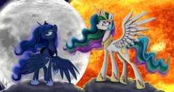 Size: 1920x1020 | Tagged: safe, artist:sakurawolfer, princess celestia, princess luna, alicorn, pony, glare, moon, raised hoof, sisters, smiling, spread wings, standing, sun