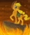 Size: 624x720 | Tagged: safe, artist:valiumangel, applejack, earth pony, pony, bag, cliff, fire, raised hoof, solo