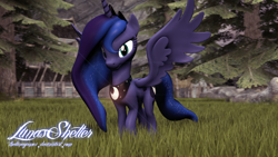 Size: 1920x1080 | Tagged: safe, artist:thelunagames, princess luna, alicorn, pony, 3d, forest, grass, solo, spread wings