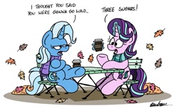 Size: 1024x637 | Tagged: safe, artist:bobthedalek, derpibooru import, starlight glimmer, trixie, pony, unicorn, autumn, chair, clothes, coffee, crossed hooves, crossed legs, cup, dialogue, duo, duo female, female, leaves, magic, mare, scarf, table, trixie is not amused, unamused