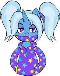 Size: 3151x4000 | Tagged: safe, artist:buttercupsaiyan, derpibooru import, trixie, pony, unicorn, adobe, adobe animate, alternate hairstyle, babysitter trixie, clothes, female, gameloft, gameloft interpretation, hoodie, mare, pigtails, simple background, solo, surgical mask, transparent background, twintails, vector