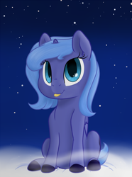 Size: 1490x2001 | Tagged: safe, artist:kaleysia, princess luna, alicorn, pony, cloud, filly, night, sitting, solo, stars, tongue out, woona, younger