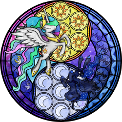 Size: 3500x3500 | Tagged: safe, artist:akili-amethyst, princess celestia, princess luna, dive to the heart, eyes closed, kingdom hearts, recolor, stained glass