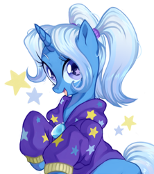 Size: 958x1080 | Tagged: safe, artist:toroitimu, derpibooru import, trixie, pony, unicorn, alternate hairstyle, babysitter trixie, clothes, cute, diatrixes, female, gameloft, gameloft interpretation, hoodie, jacket, looking at you, mare, open mouth, pigtails, simple background, solo, starry eyes, stars, twintails, white background, wingding eyes