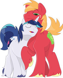 Size: 2284x2825 | Tagged: safe, artist:braeburned edits, artist:scarletlightning565, color edit, edit, big macintosh, shining armor, earth pony, pony, unicorn, colored, cuddling, eyes closed, freckles, gay, male, neck nuzzle, nuzzling, shiningmac, shipping, simple background, snuggling, stallion, transparent background, vector