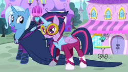 Size: 1136x640 | Tagged: safe, artist:themexicanpunisher, derpibooru import, mare do well, masked matter-horn, trixie, twilight sparkle, twilight sparkle (alicorn), alicorn, clothes, cosplay, costume, female, lesbian, power ponies, shipping, twixie