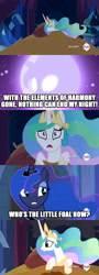 Size: 853x2375 | Tagged: safe, edit, edited screencap, screencap, princess celestia, princess luna, alicorn, pony, celestia's nightmare, exploitable meme, female, implied bedwetting, mare, meme, nightmare, urine, wide eyes