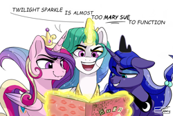 Size: 1595x1075 | Tagged: safe, artist:8bitamy, princess cadance, princess celestia, princess luna, alicorn, pony, alternate universe, book, burn, burn book, dialogue, female, magic, mare, mean girls, open mouth, out of character, smiling, smirk