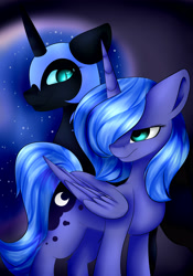 Size: 3500x5000 | Tagged: safe, artist:berrispeaceofficial, nightmare moon, princess luna, alicorn, pony, duality, s1 luna, smiling