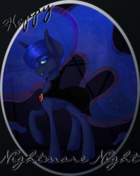 Size: 1024x1284 | Tagged: safe, artist:bookxworm89, princess luna, alicorn, pony, cape, clothes, fangs, nightmare night, solo