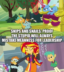 Size: 500x562 | Tagged: safe, derpibooru import, edit, edited screencap, screencap, snails, snips, sunset shimmer, trixie, pony, unicorn, equestria girls, equestria girls (movie), magic duel, caption, gym, image macro, magic, magic aura, streamers, text