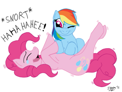 Size: 1103x832 | Tagged: safe, artist:skoon, pinkie pie, rainbow dash, earth pony, pegasus, pony, laughing, not shipping, tickling