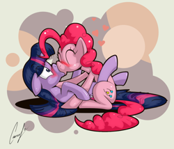 Size: 800x686 | Tagged: safe, artist:caencel, pinkie pie, twilight sparkle, earth pony, pony, eyes closed, female, heart, kissing, lesbian, shipping, twinkie