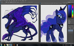 Size: 900x563 | Tagged: safe, artist:yukidoerr, princess luna, alicorn, dragon, pony, comparison, dragoness, dragonified, ethereal mane, female, flight rising, lunadragon, mare, solo, species swap, starry mane