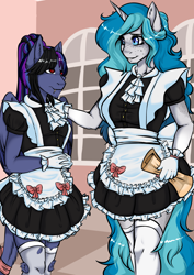 Size: 2480x3508 | Tagged: safe, artist:theecchiqueen, oc, oc only, oc:bubble lee, oc:imago, oc:pandie, anthro, unicorn, anthro oc, apron, bow, clothes, dress, fangs, female, freckles, gloves, leonine tail, looking at each other, maid, maid headdress, mare, paper, red eyes, size difference, smiling, stockings, story in the source, story included, thigh highs, waitress