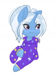 Size: 1154x1536 | Tagged: safe, artist:siripim111, derpibooru import, trixie, pony, unicorn, alternate hairstyle, babysitter trixie, bust, clothes, cute, diatrixes, female, gameloft interpretation, hoodie, mare, pigtails, simple background, solo, white background