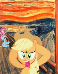 Size: 813x1036 | Tagged: safe, artist:edvard munch, artist:normanb88, applejack, pinkie pie, rainbow dash, earth pony, pegasus, pony, eyes closed, fine art parody, floppy ears, open mouth, parody, screaming, shopped, sitting, the scream