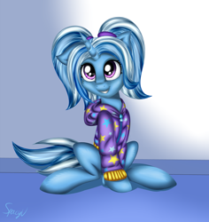 Size: 5200x5500 | Tagged: safe, artist:stablespace, derpibooru import, trixie, pony, unicorn, absurd resolution, alternate hairstyle, babysitter trixie, clothes, hoodie, pigtails, sitting, smiling, solo