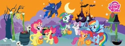 Size: 2432x900 | Tagged: safe, apple bloom, pinkie pie, princess luna, rainbow dash, rarity, scootaloo, sweetie belle, alicorn, earth pony, pegasus, pony, unicorn, chinese, cutie mark crusaders, halloween, my little pony logo, official