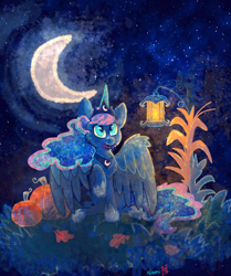 Size: 800x958 | Tagged: safe, artist:namiwami, princess luna, alicorn, pony, spider, crescent moon, food, lamp, moon, mouth hold, night, pumpkin, raised hoof, sitting, solo, spread wings, transparent moon