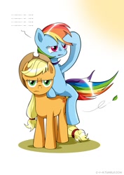 Size: 707x1000 | Tagged: safe, artist:c-v-m, applejack, rainbow dash, earth pony, pegasus, pony, ponies riding ponies, riding