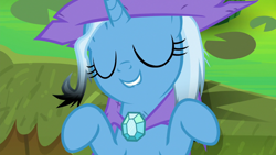 Size: 1920x1080 | Tagged: safe, derpibooru import, screencap, trixie, pony, unicorn, a horse shoe-in, eyes closed, female, mare, solo