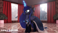 Size: 1920x1080 | Tagged: safe, artist:thelunagames, princess luna, alicorn, pony, 3d, clothes, dress, magic, socks, solo, telekinesis