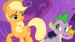 Size: 964x543 | Tagged: safe, screencap, applejack, spike, dragon, earth pony, pony, the ticket master, duo, female, gala ticket, male, mare, raised hoof, smug, ticket