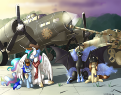 Size: 1250x986 | Tagged: safe, artist:siberwar, nightmare moon, princess celestia, oc, alicorn, pony, aircraft, b-17 flying fortress, bomber, military, plane, tank (vehicle), tiger (tank), tiger i