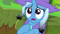 Size: 1920x1080 | Tagged: safe, derpibooru import, screencap, trixie, pony, unicorn, a horse shoe-in, burnt mane, clothes, female, hat, mare, scorched, solo, trixie's hat